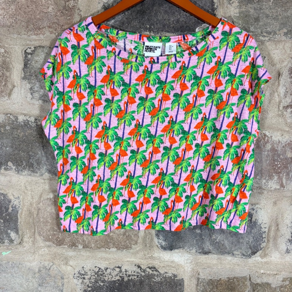 Bouffants & Broken Hearts Women Pink Flamingo Linen Crop Top Palm Tree‎ Large